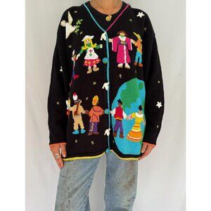 90s vintage black colorful embroidered rare world peace novelty knit cardigan